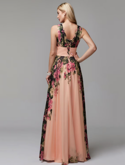 A-Line Floral Prom Dress Floor Length Sleeveless V Neck Chiffon with Pattern Print