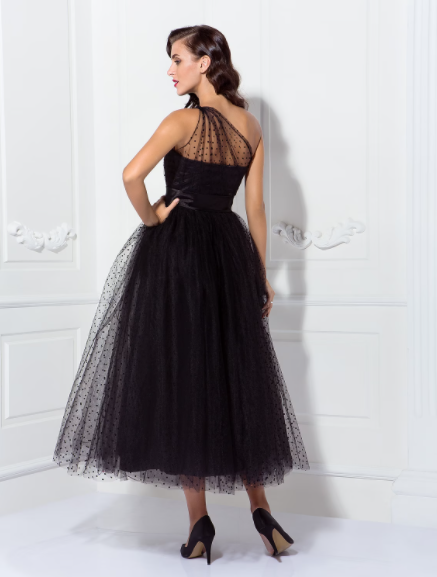 A-Line Prom Cocktail Dresses Vintage Dress Wedding Guest Sleeveless One Shoulder Tulle with Pleats Pattern Print