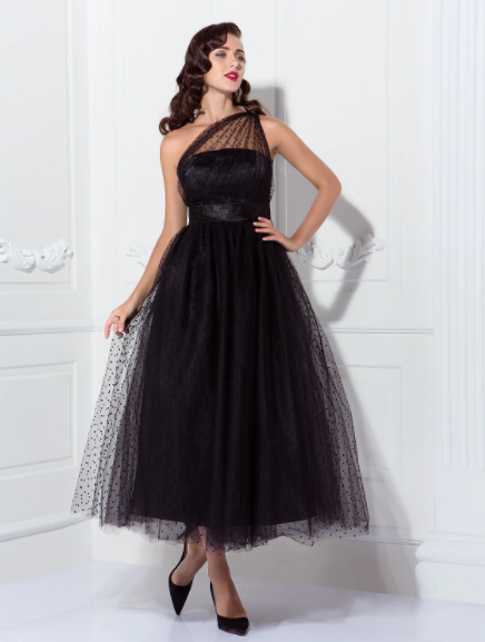 A-Line Prom Cocktail Dresses Vintage Dress Wedding Guest Sleeveless One Shoulder Tulle with Pleats Pattern Print