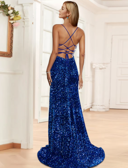 Prom Dresses Sparkle Shine Dress Party Wear Sweep Sleeveless Halter Sequined Backless with Sequin
