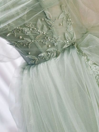 Zoom Light Green Tulle Beaded Sweetheart Long Prom Dress, A-line Green Formal Dress