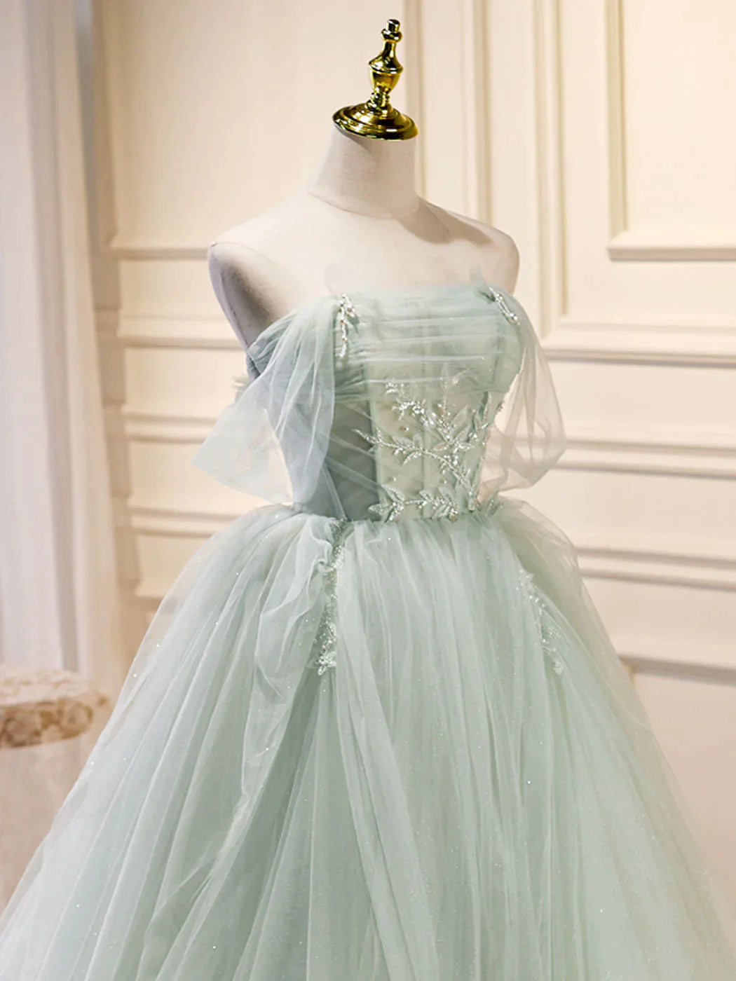 Zoom Light Green Tulle Beaded Sweetheart Long Prom Dress, A-line Green Formal Dress
