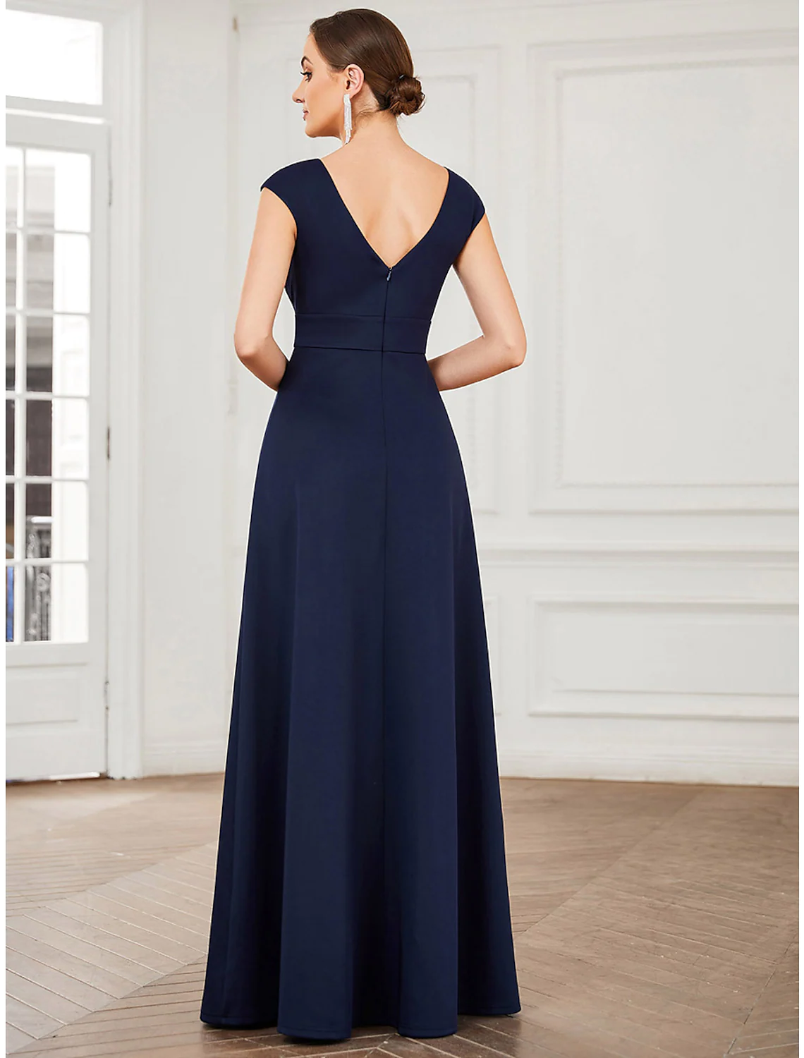 A-Line Evening Gown Elegant Dress Formal Floor Length Sleeveless V Neck Polyester V Back with Draping Slit