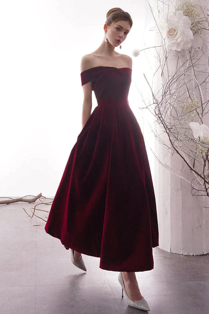 Wine Red Velvet Long Prom Dress, Off the Shoulder Evening Dress