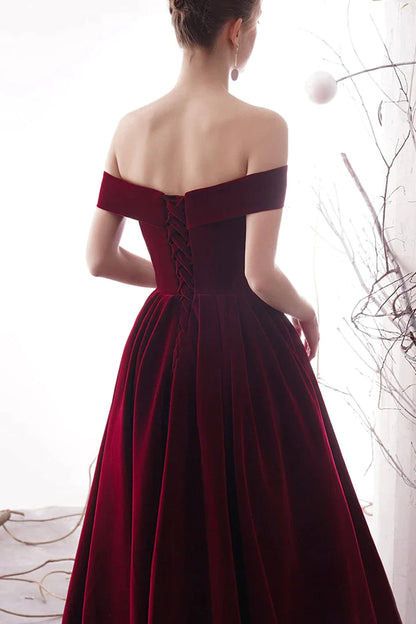 Wine Red Velvet Long Prom Dress, Off the Shoulder Evening Dress