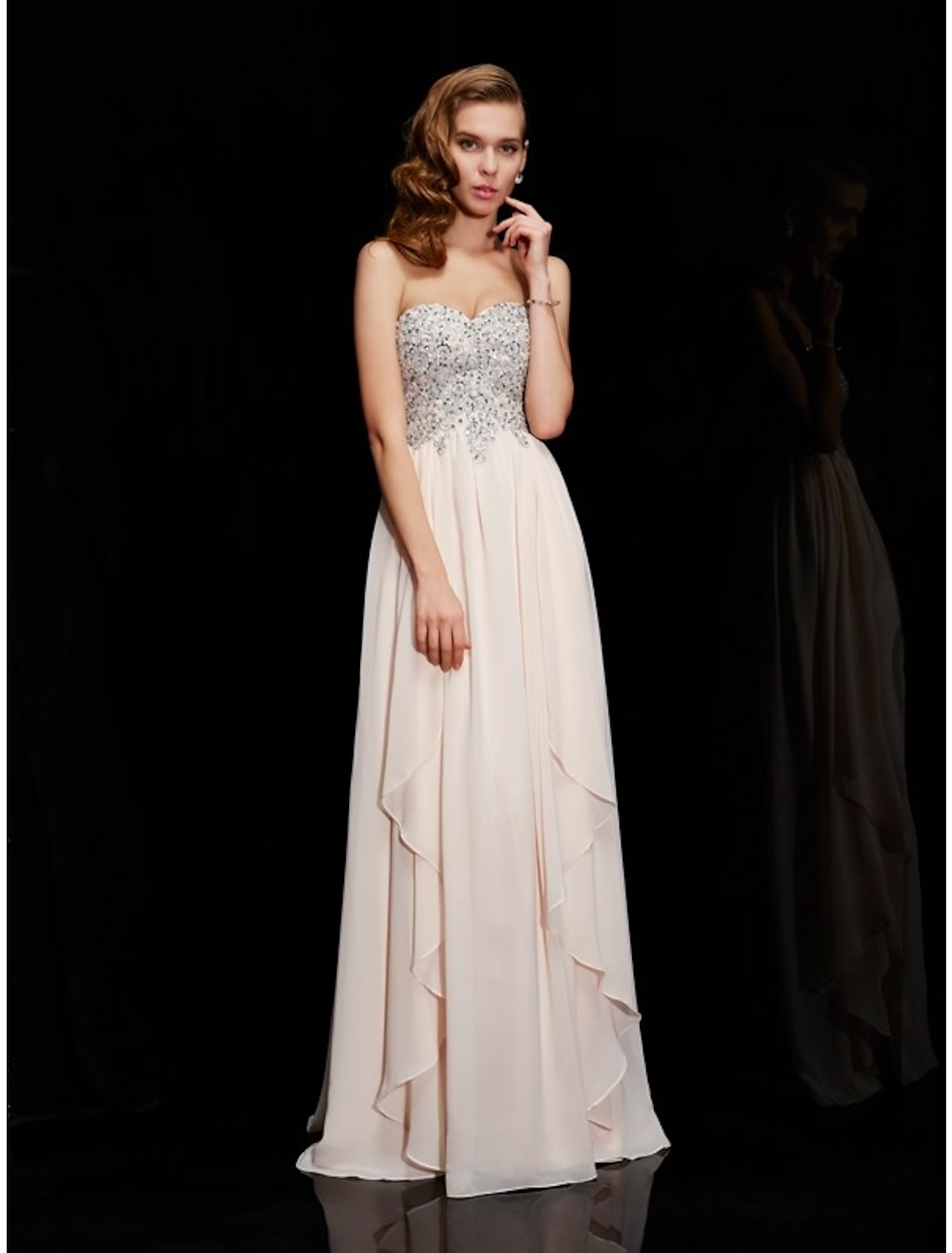 A-Line Prom Dresses Sparkle Shine Dress Formal Floor Length Sleeveless Strapless Chiffon with Rhinestone Ruffles