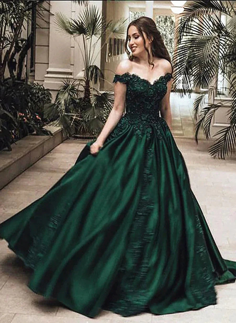 Dark Green Satin with Lace Applique Long Formal Dress, Green Sweethear