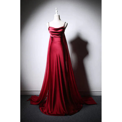 Wine Red Soft Satin Long Straps Long A-line Prom Dress, Wine Red Evening Dress
