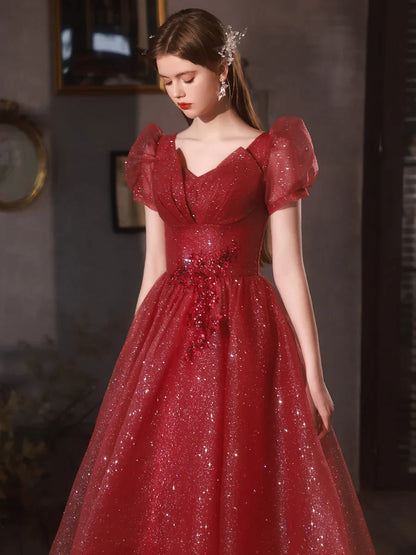 Wine Red Tulle Shiny Tulle V-neckline Lace-up Prom Dress, Wine Red Formal Dress