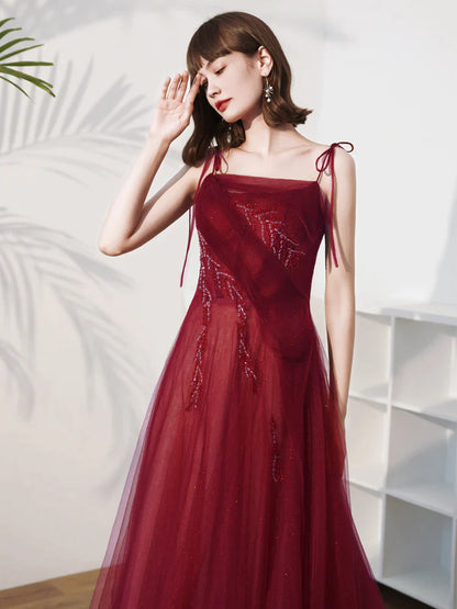 Wine Red Scoop Beaded A-line Long Junior Prom Dress, Wine Red Lace-up Party Dress