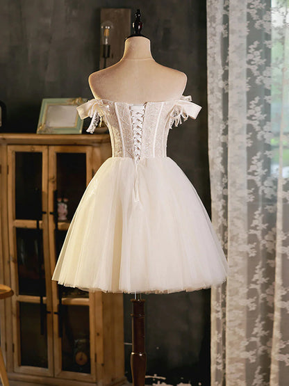 Ivory Tulle Sweetheart with Lace Short Prom Dress, Ivory Homecoming Dress