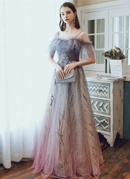 Beautiful Gradient Straps Off Shoulder Tulle A-line Prom Dress, Blue and Pink Party Dress