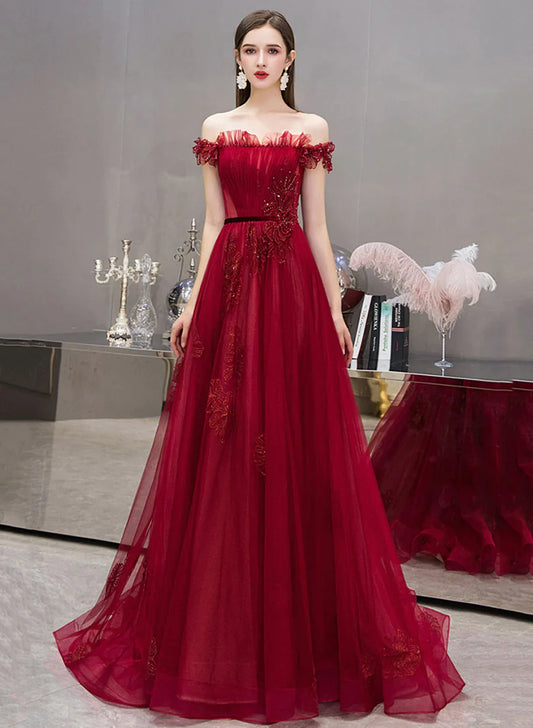 Wine Red Off Shoulder Tulle with Lace Long Formal Dress, Wine Red Prom Dress