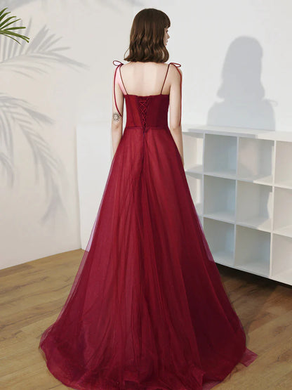 Wine Red Scoop Beaded A-line Long Junior Prom Dress, Wine Red Lace-up Party Dress