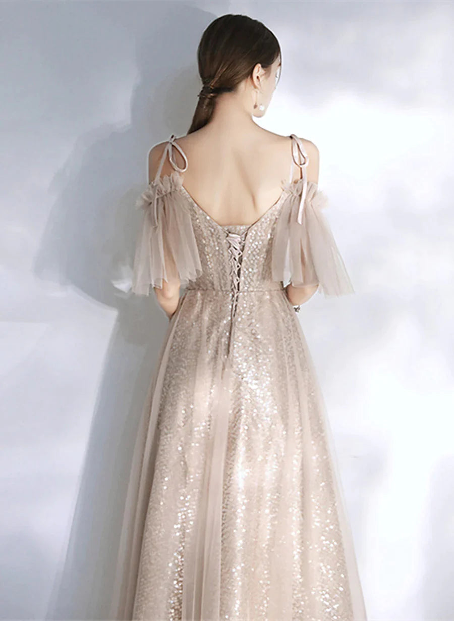 Light Champagne Sequins and Tulle A-line Prom Dress, Long Wedding Party Dress