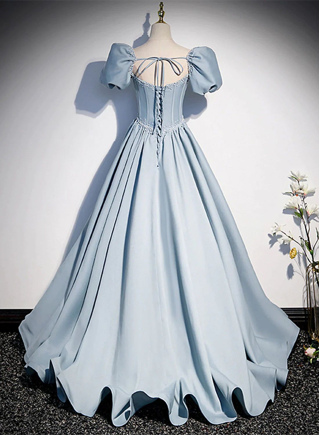 Blue Satin Long Prom Dress with Pearls, Blue Short Sleeves A-line Evening Dress