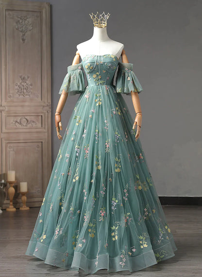 Green Floral Off Shoulder Scoop Long Formal Dress, Floral Prom Dress