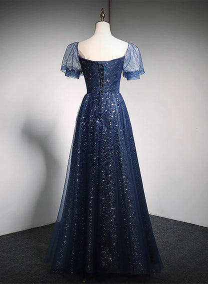 Navy Blue Long Off Shoulder A-line Prom Dress, Blue Formal Dress