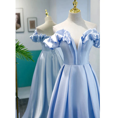 Light Blue Satin A-line Off Shoulder Long Formal Dress, Light Blue Evening Dress Prom Dress