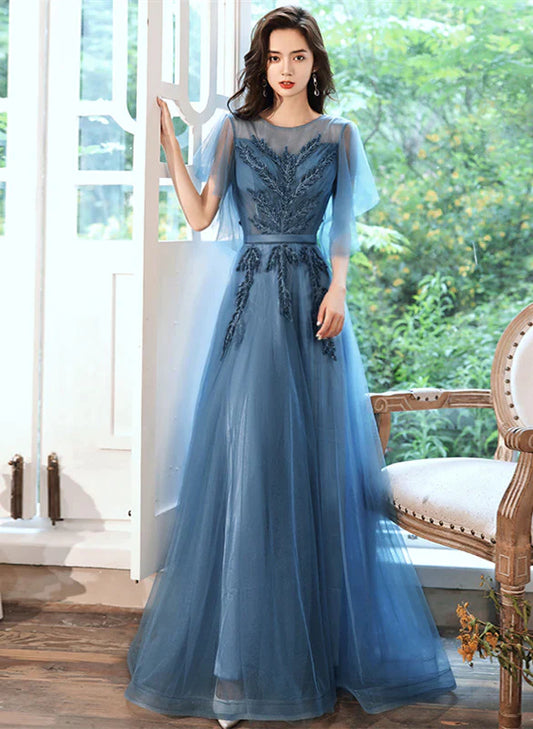 Teal Blue Tulle A-line Long Prom Dress with Lace, Long Formal Dress