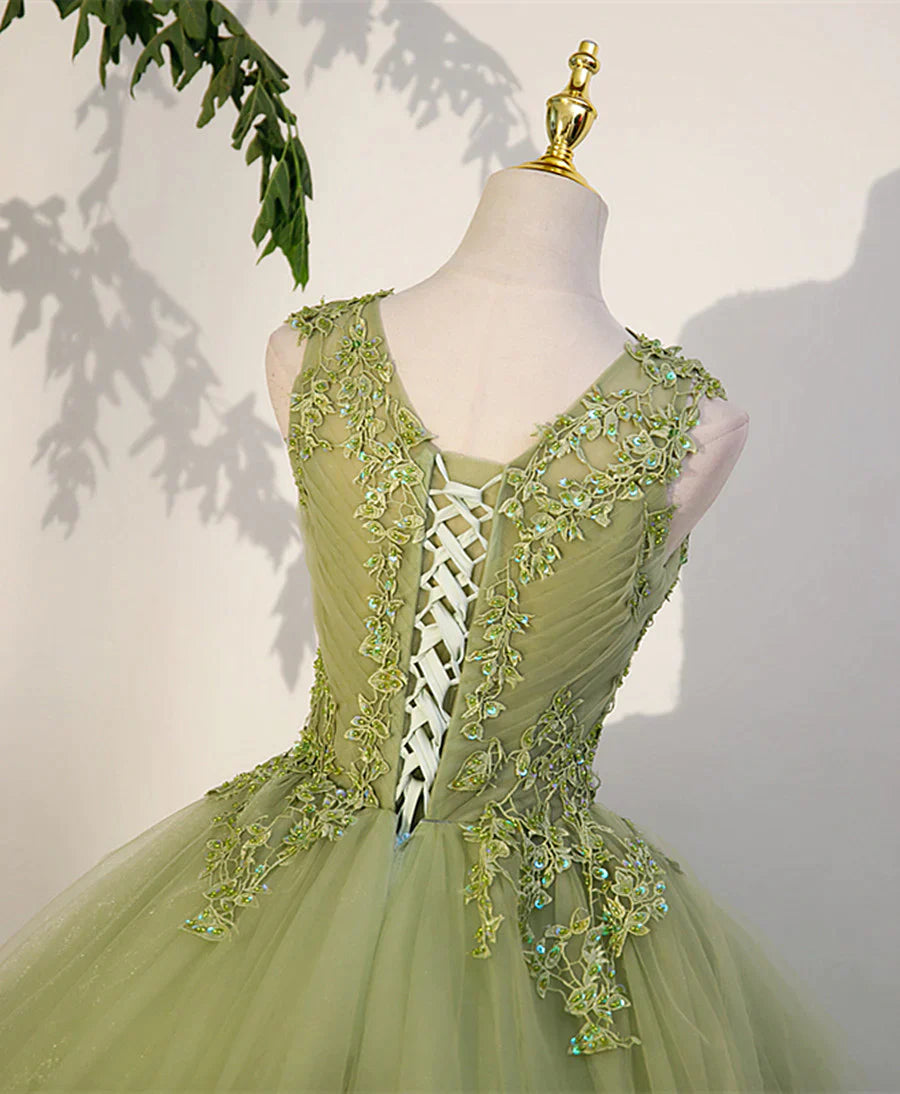 Light Green A-line Tulle with Lace Applique Prom Dress, Green Formal Dress