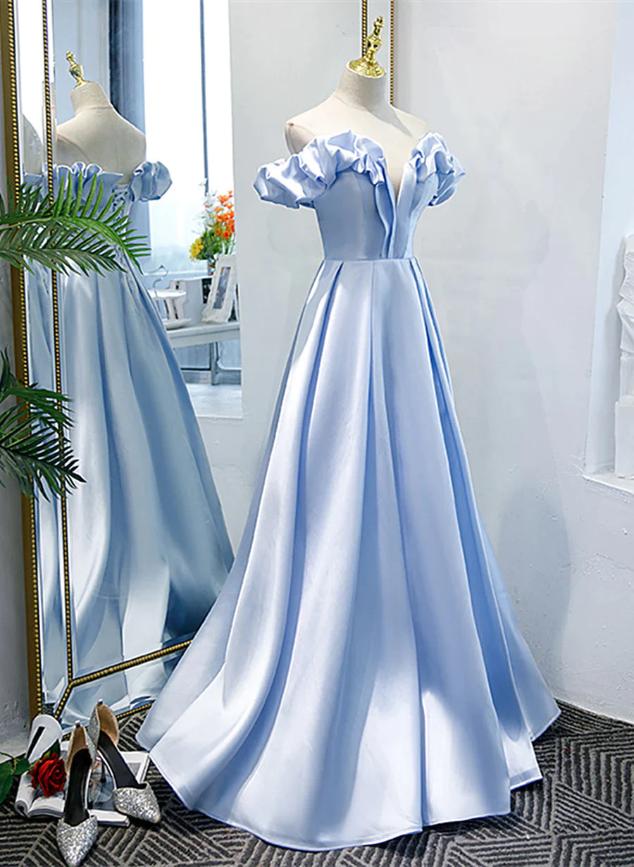 Light Blue Satin A-line Off Shoulder Long Formal Dress, Light Blue Evening Dress Prom Dress