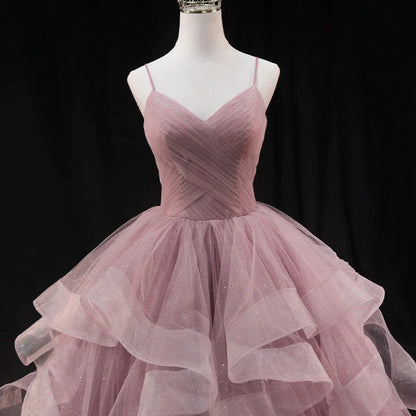 Pink Sweetheart Tulle Long Evening Dress Prom Dress, Pink Sweet 16 Gown