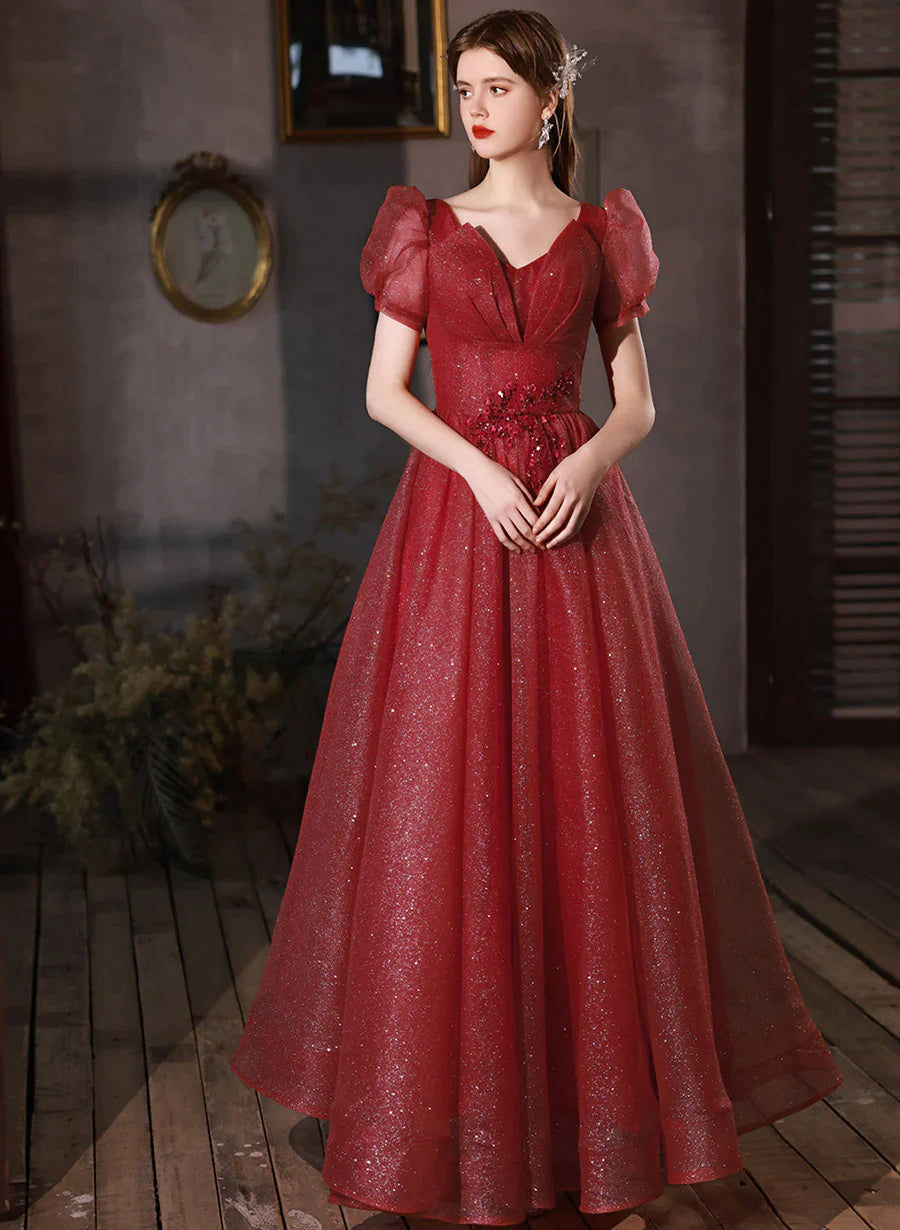 Wine Red Tulle Shiny Tulle V-neckline Lace-up Prom Dress, Wine Red Formal Dress