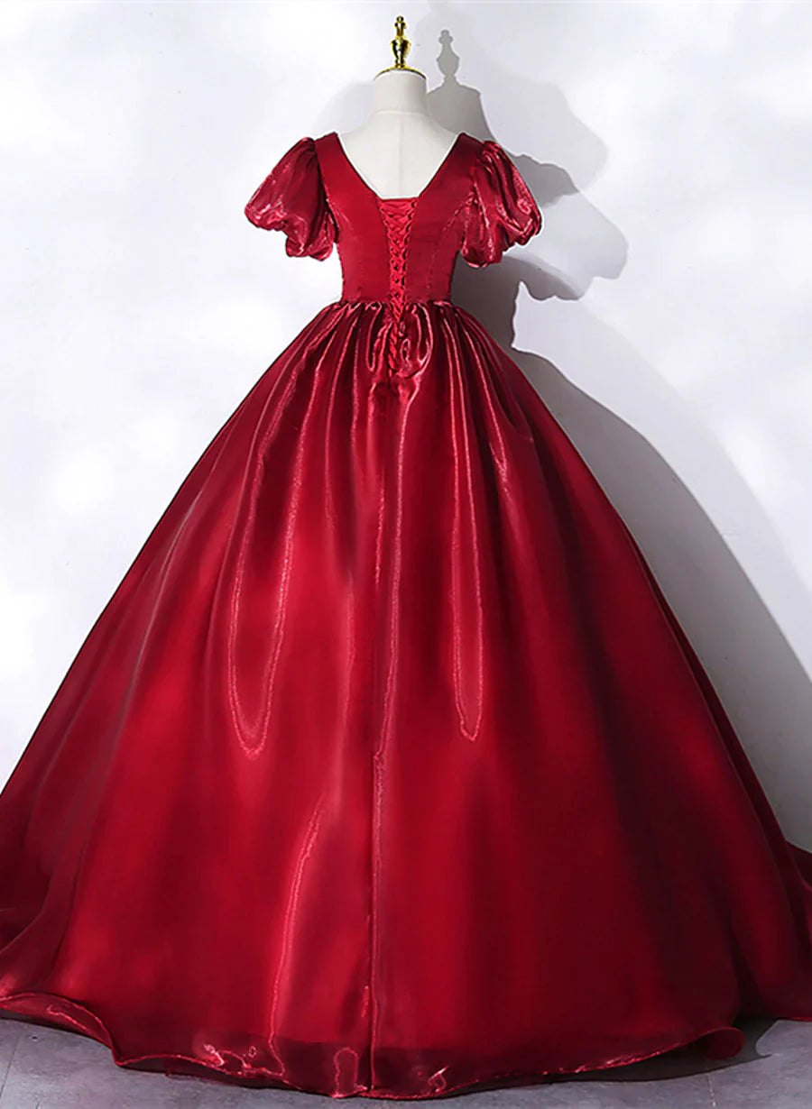 Wine Red V-neckline Beaded Ball Gown Prom Dress, Wine Red Sweet 16 Dress