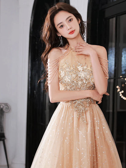 Champagne Halter Tea Length Shiny Tulle with Lace, A-line Short Prom Dress