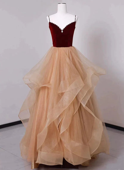 Lovely Champagne Tulle and Wine Red Velvet Straps Prom Dress, A-line Long Party Dress