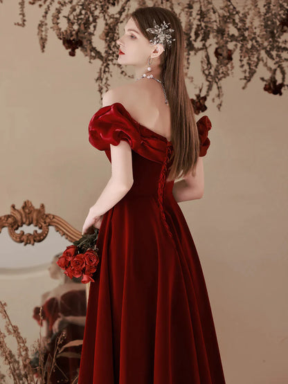 Wine Red Velvet Beaded Off Shoulder Sweetheart Prom Dress, Wine Red Bridesmaid Dress