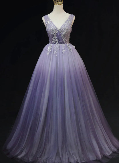 Light Purple Tulle Gradient Lace Applique Formal Dress, Beautiful Long Prom Dress