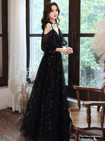 Black V-neckline Straps A-line Long Lace-up Prom Dress, Black Formal Dress