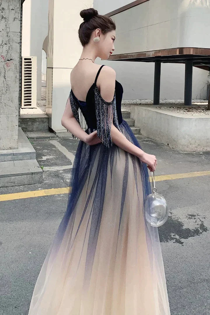 Beautiful Tulle Blue Gradient V-neckline Straps Prom Dress, A-line Tulle Formal Dress