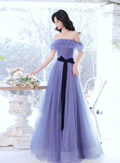 Off Shoulder Sweetheart Tulle Light Purple Formal Dress, A-line Tulle Junior Prom Dresses