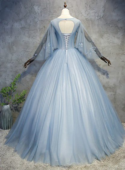 Blue-Grey Ball Gown Tulle Sweet 16 Dress with Lace, Long Formal Dress