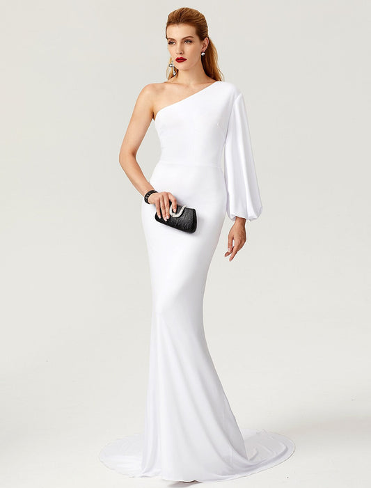 Celebrity Style Evening Dress Engagement Long Sleeve One Shoulder with Pleats