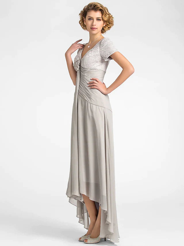 A-Line Mother of the Bride Dress Floral High Low V Neck Asymmetrical C