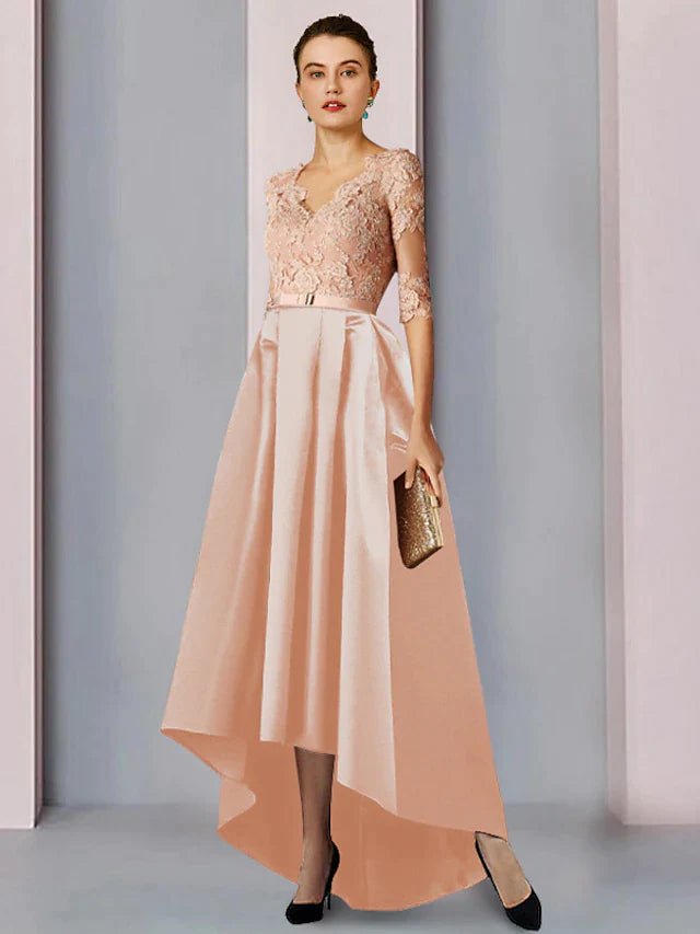 A-Line Mother of the Bride Dress Wedding Guest Elegant High Low V Neck ...