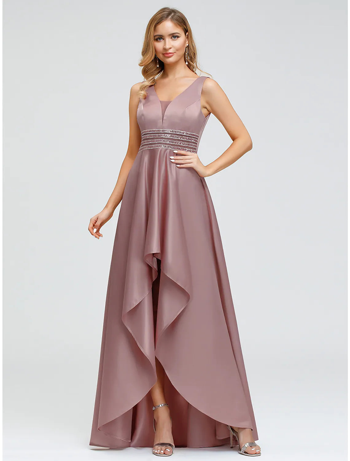 A-Line Elegant Wedding Guest Cocktail Party Dress V Neck V Back Sleeveless Asymmetrical Polyester with Crystals Beading