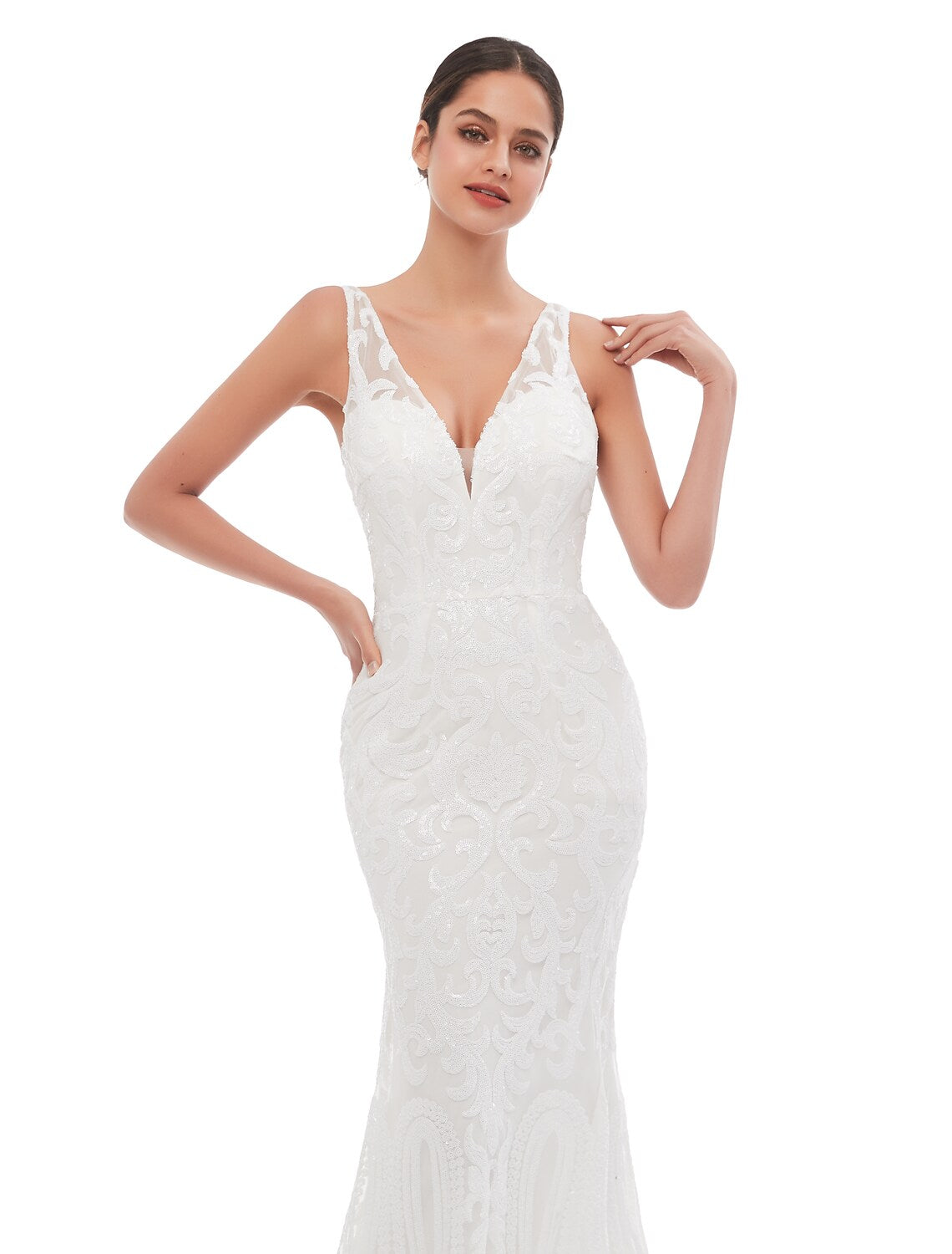Evening Gown Celebrity Style Dress Engagement Sleeveless V Neck Sequined with Embroider