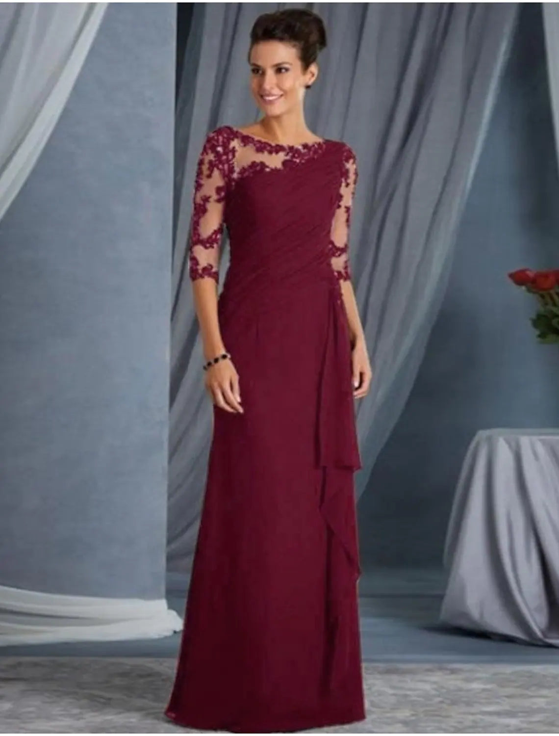 Evening Gown Elegant Dress Wedding Guest Floor Length Half Sleeve  Lace Appliques