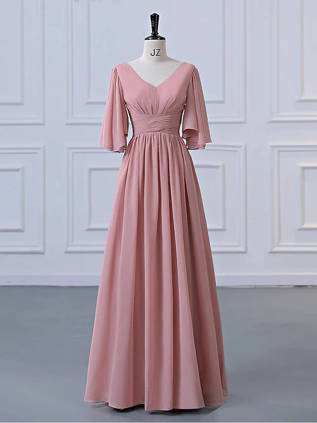 A-Line Bridesmaid Dress V Neck Half Sleeve Elegant Floor Length Chiffon with Pleats / Ruffles