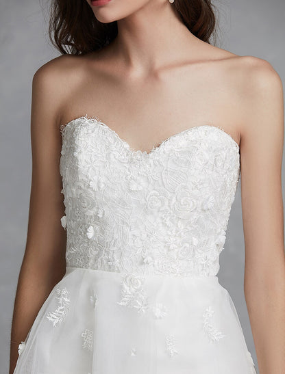 Open Back Little White Dresses Asymmetrical A-Line Strapless Lace With Appliques