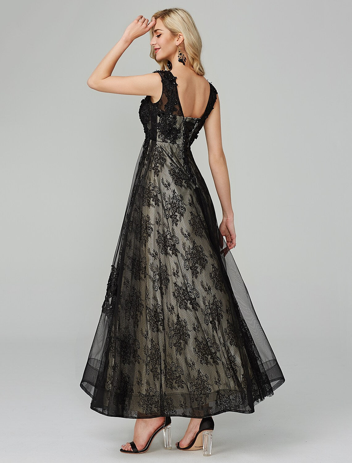 A-Line Open Back Evening Dresses Floor Length Sleeveless Neck Tulle Ap