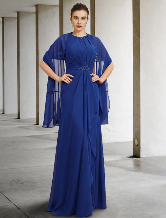 Two Piece A-Line Mother of the Bride Dress Plus Size Elegant  Floor Length Chiffon Sleeveless Shawls Pleats Beading