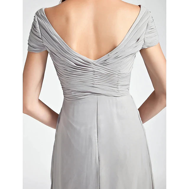 Sheath / Column Bridesmaid Dress V Neck / Off Shoulder Short Sleeve Open Back Floor Length Chiffon with Criss Cross / Draping