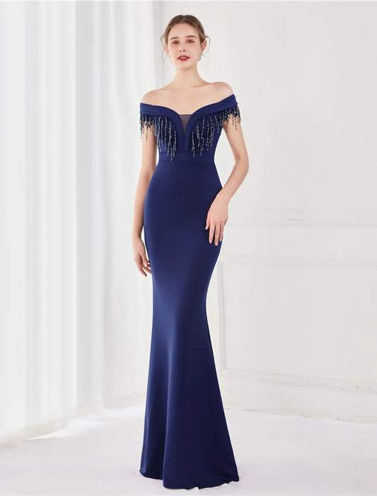 Elegant Sexy Wedding Formal Evening Dress Off Shoulder V Back Short Sleeve Floor Length Satin with Tassel