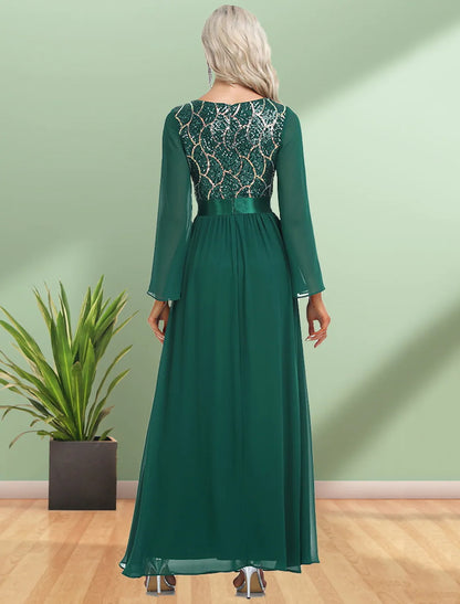 A-Line Evening Gown Elegant Dress Party Wear Floor Length Long Sleeve V Neck Chiffon with Sequin